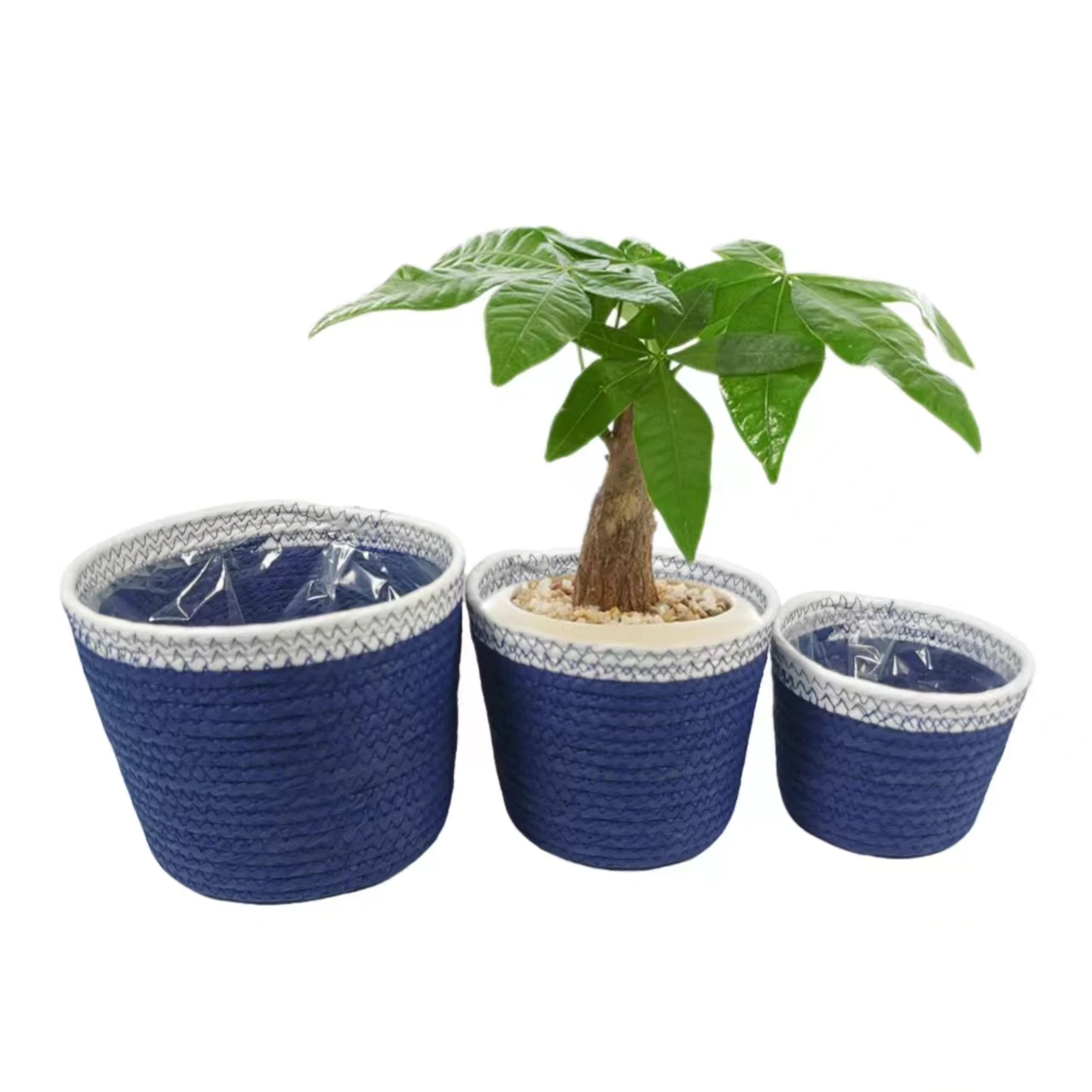 Indoor dark blue paper rope storage baskets mini flower pots with pp lining