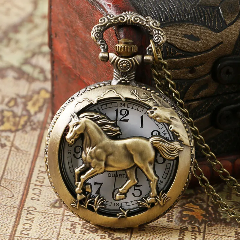 Retro Bronze Hollow out Horse Case Design Quartz Pocket Watch with Necklace Chain Gift for Birthday Christmas