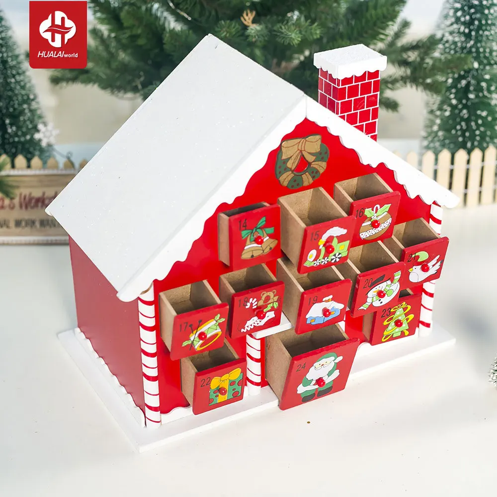 novelty christmas gifts wooden Painting snowcap village houses advent calendar