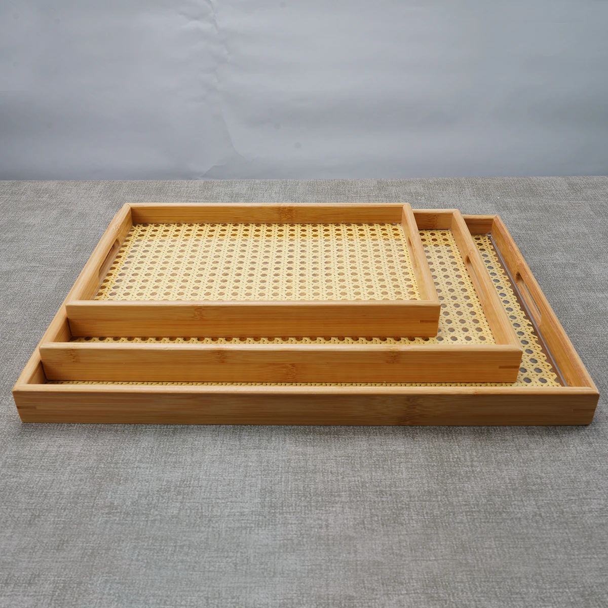 Custom Handmade Woven Large Rectangle Bamboo Wood Rattan Serving Tray with Handles