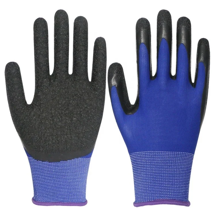 Tops Sell Customized logo coloful 13G Blue polyester string knitted yarns wear abrasion resistant good grip latex coated gloves