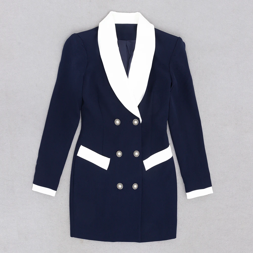 A7386 Hot Selling Items Dark Blue Women Blazer Dress V Neck Long Sleeves Mini Women Casual Dress