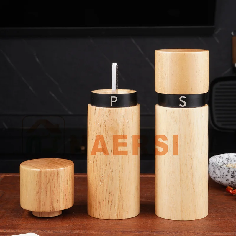 Factory Price cylinder seasoning bottle wood pepper grinders spice mill salt and pepper grinder set for kitchen