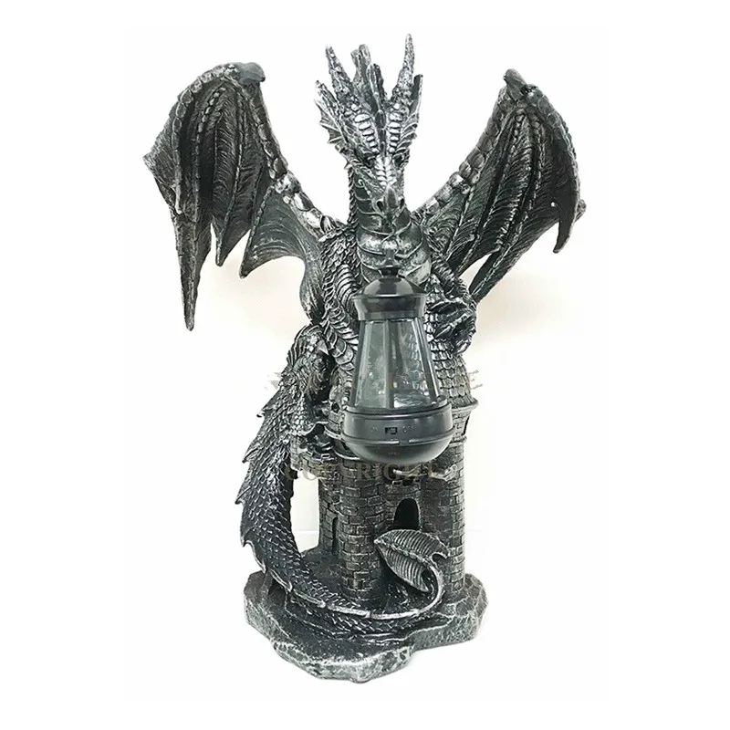 Polyresin fiberglass Dark Beacon Dragon Guardian of Styx Castle Gate Statue with Solar LED Light