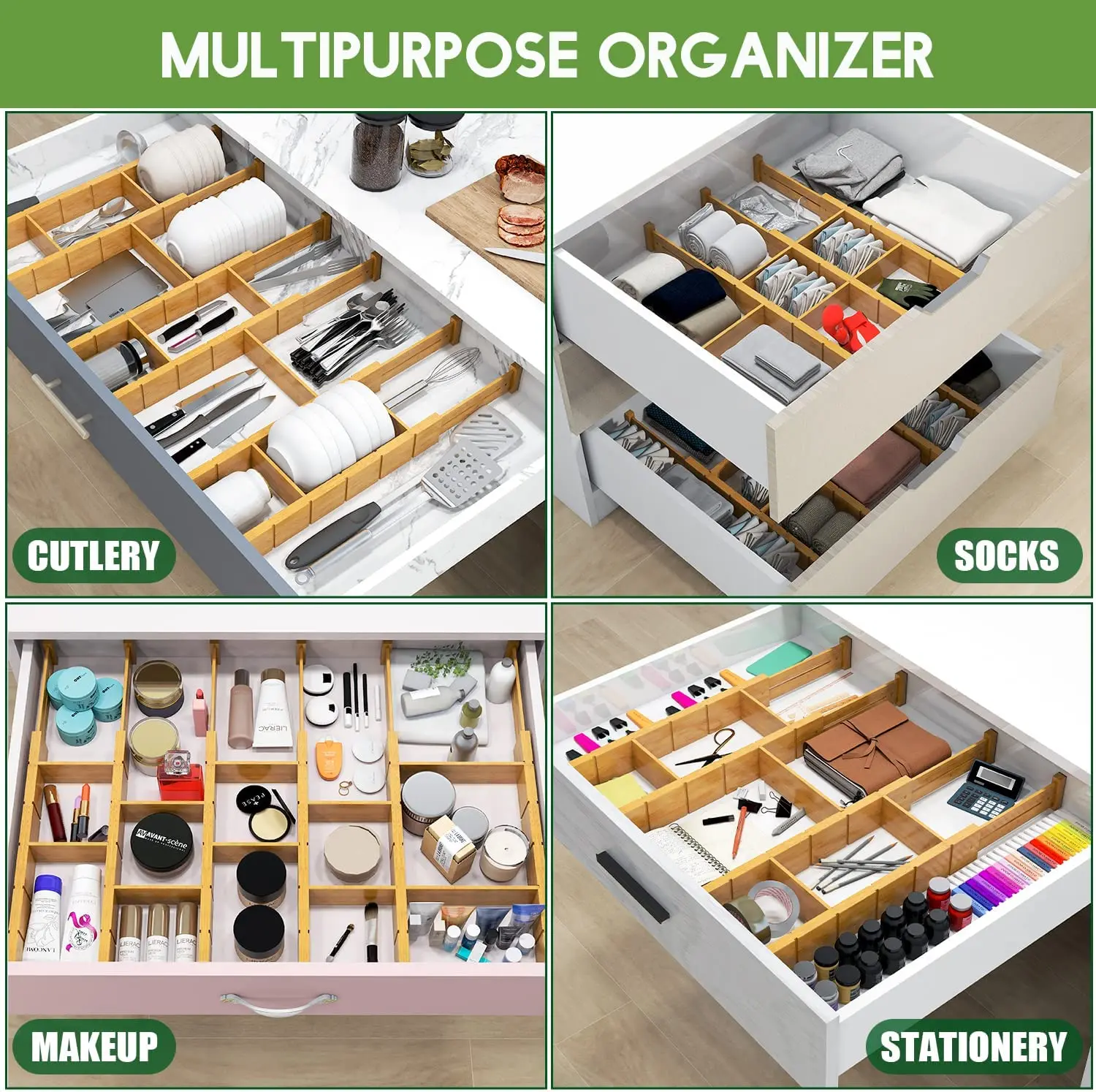 Expandable Adjustable Bamboo Drawer Dividers with 12 Inserts Kitchen Drawer Organizer