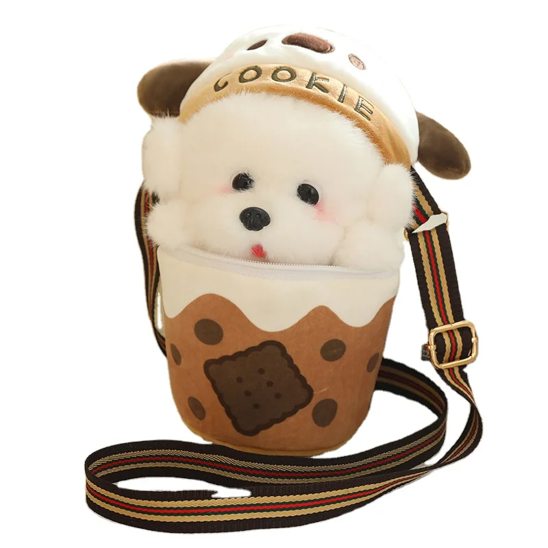 Milk tea cup cute dog doll straddle shoulder bag doll plush toy birthday or company party gift