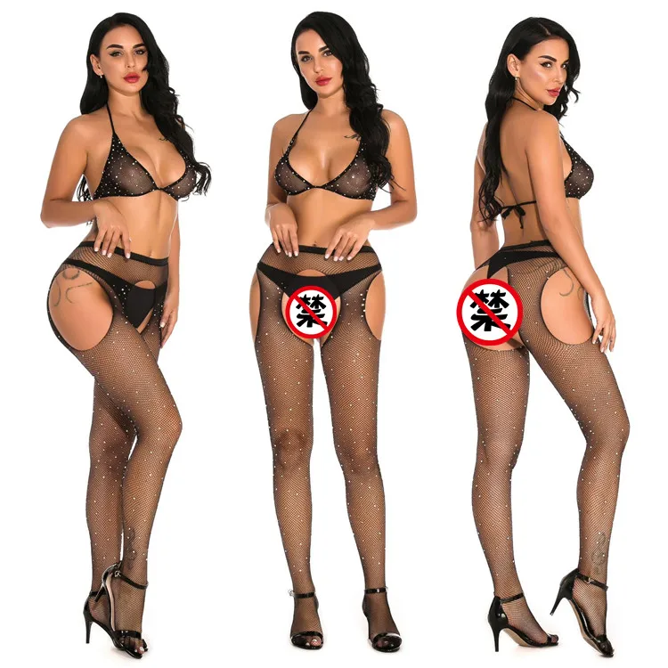 women rhinestone fishnet sexy underwear see through bikini bra set lingerie