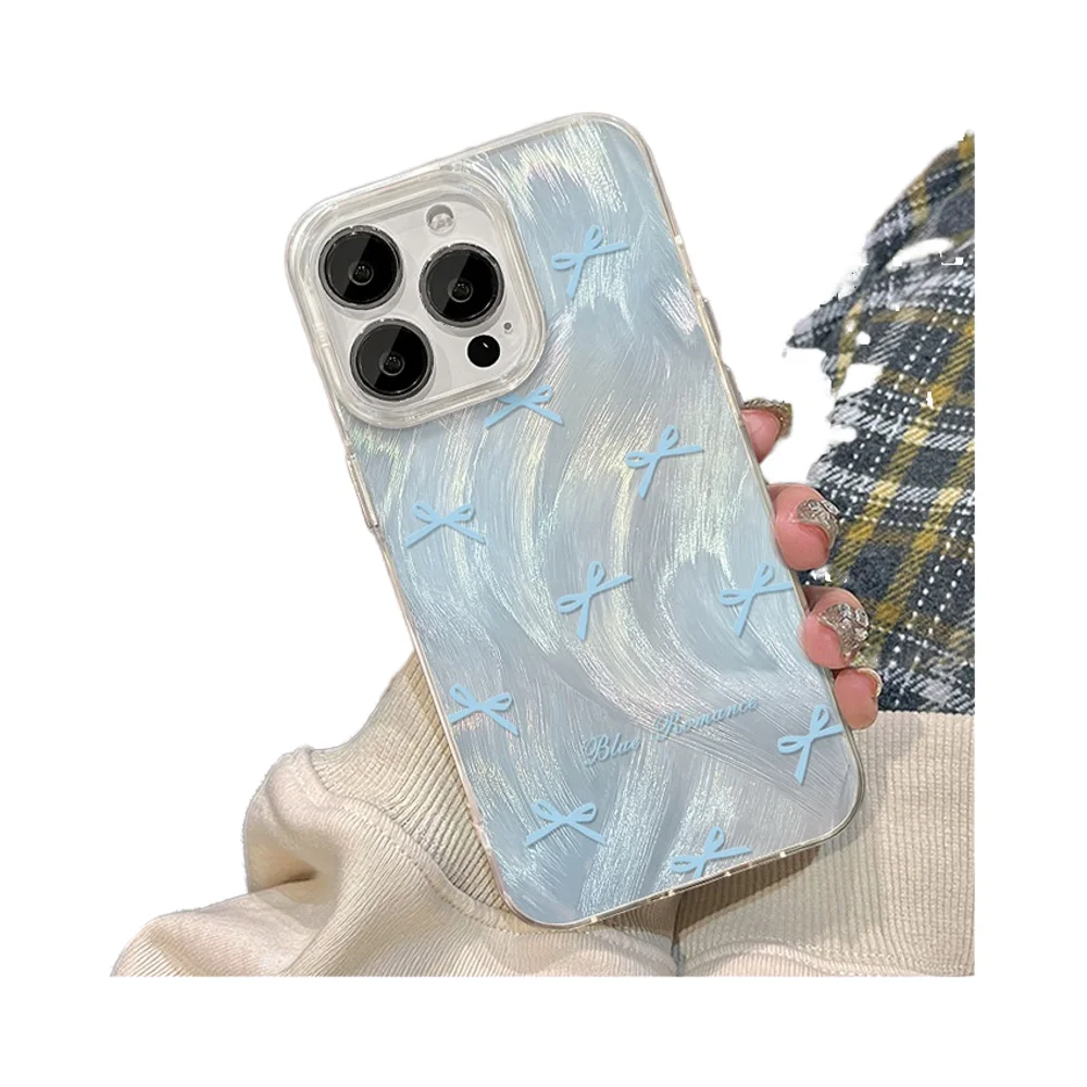 Stylish Halo Dyed Blue Bow Phone Case for iPhone 11 12 Series Shockproof PC Material Mobile Phone Case