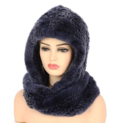 Оптовая продажа, вязаная шапка из натурального меха кролика Рекс и шарф с капюшоном, зимняя женская меховая шапка с шарфом на шею