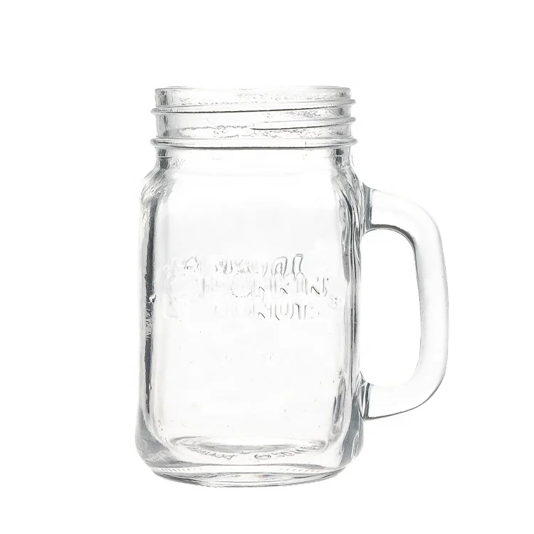 Drinkware Supplier 420ml 15oz Square Shaped Engraving Empty  Glass Mason Jar Cup With Handle