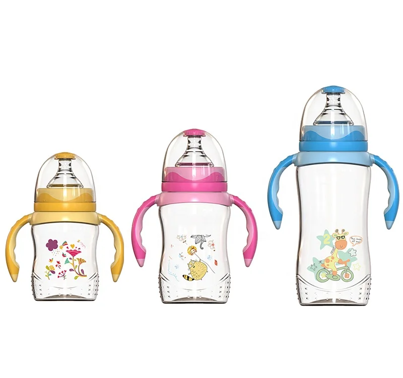 PP baby feeding bottle with handle and silicone nipple wholesale
