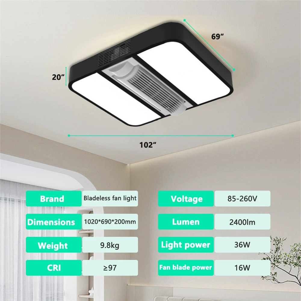 Modern Designer Luxury LED Ceiling Fan Lamp Bladeless with Recessed Smart Remote Control for Hotel or Room Decor