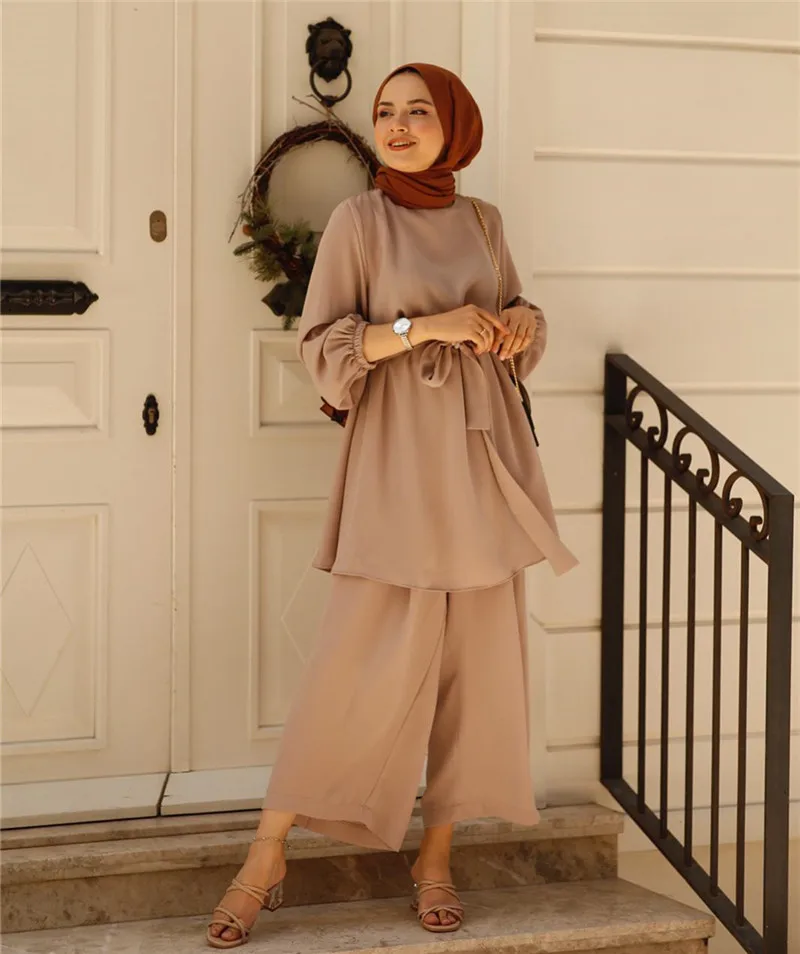 Wholesale Muslim Women Two Pieces Set Plain Solid Fresh Outfit Arab Oman Dubai Middle East Morocco Turkey Suit Set Clothes