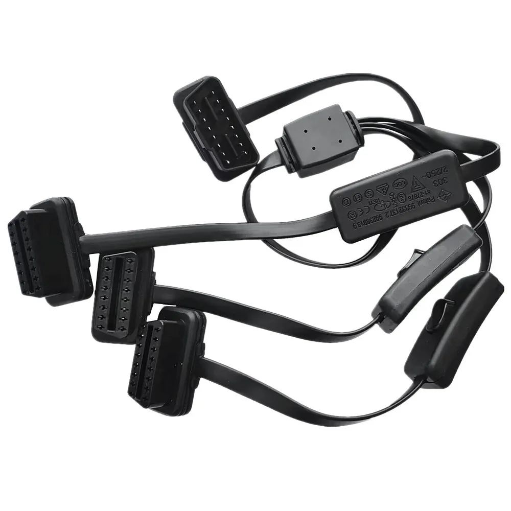 OBDII OBD2 Flat Noodle Cable with On/Off Switch 1-in-3 Splitter Extension Cable Adapter  8-pin Male to Female