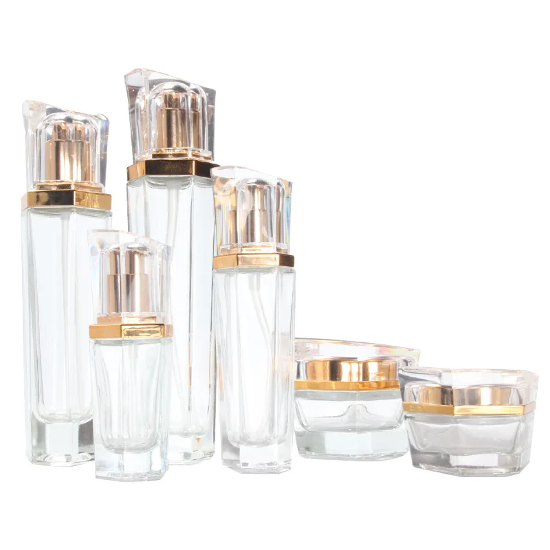 Custom logo transparent glass Hexagonal bottle and jar 30ml 50ml 90ml 110ml 30g 50g for cosmetic package with rose gold flat cap