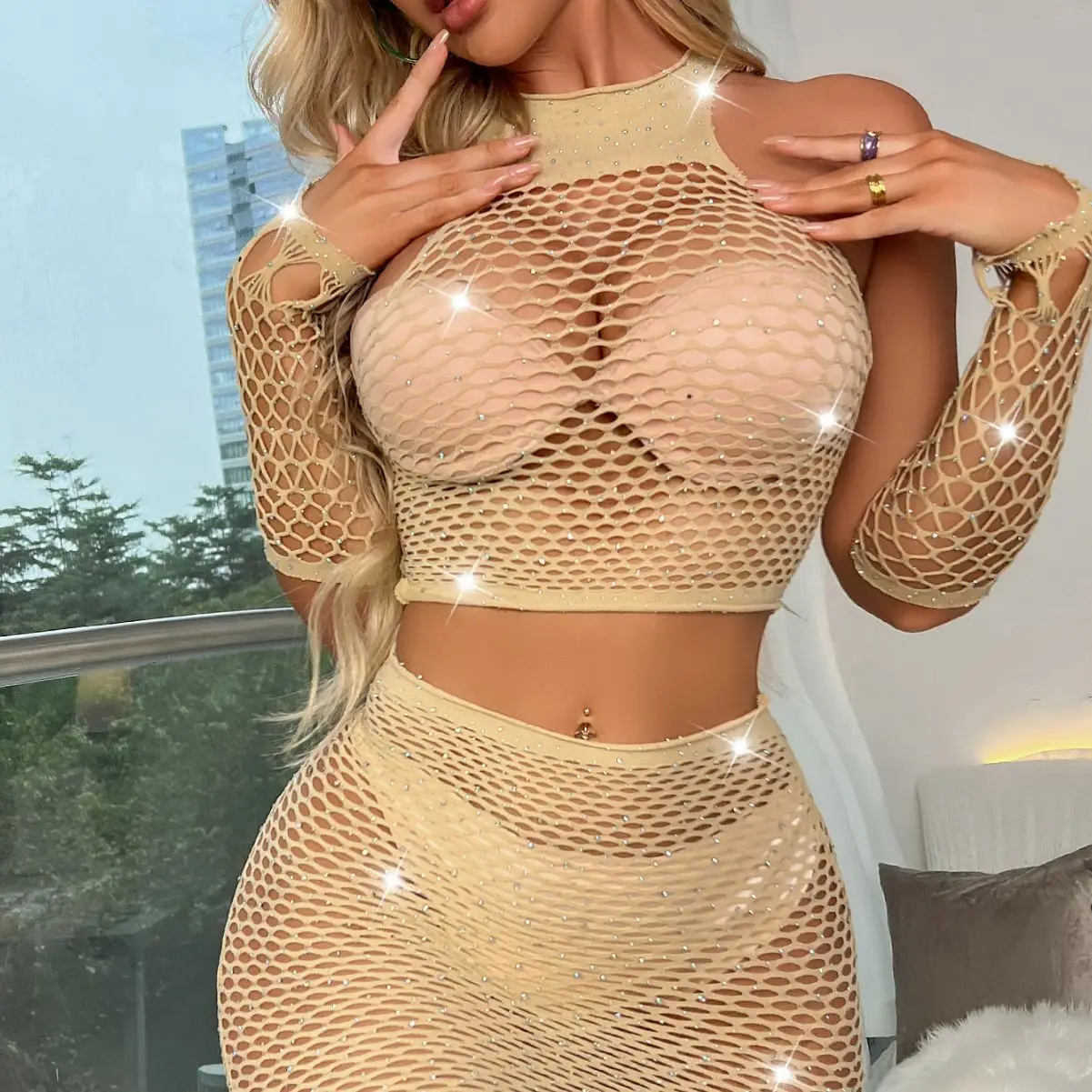 OEM Bar see-through mesh sexy uniform temptation hot diamond erotic mesh clothing suit