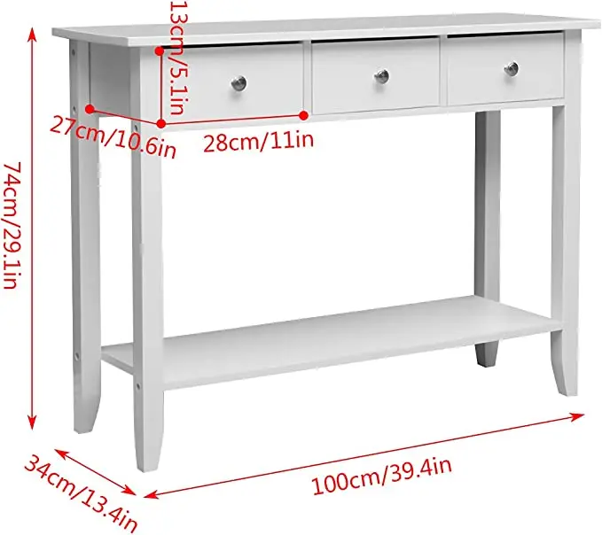 White Console Table with Shelf and Drawers Modern Entryway Wooden Hallway Bedroom Console Side Table