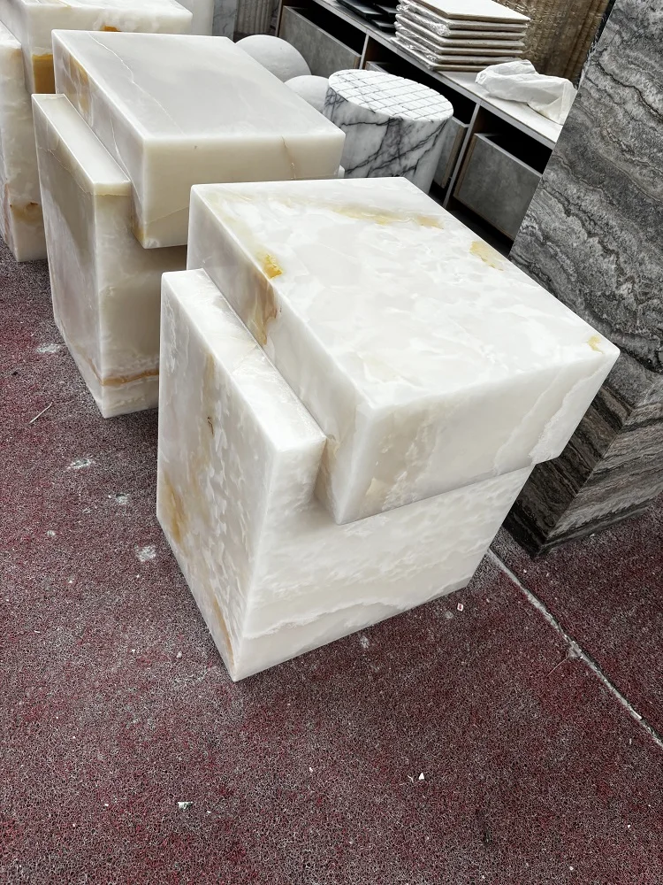 Onyx White  Side Table For Modern Decoration  Plinth Base Pillar  In White Onyx Marble