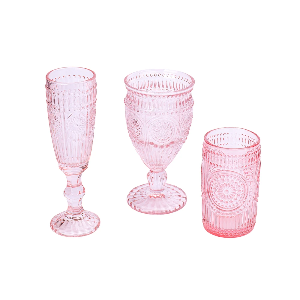 Wholesale Glasses Embossed Champagne Glass Goblet Party Wedding Decoration Luxury Red Pink Wine Glasses Cups Set