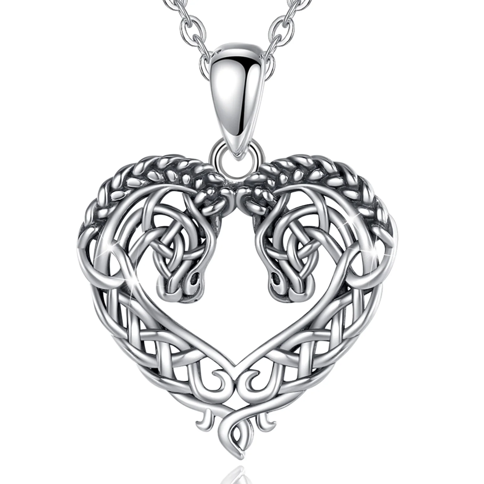 Merryshine 925 sterling silver women jewelry heart shape celtic two horse pendant necklace