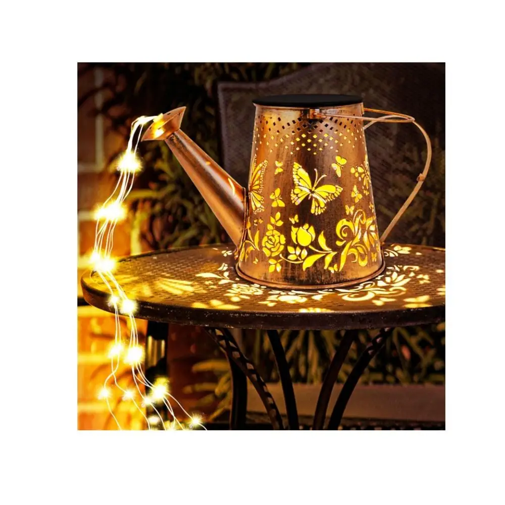 Custom Butterfly-Type Metal Solar Watering Can Light Outdoor Decorative Hanging Garden Lantern 6 Twinkle LED String Cascading