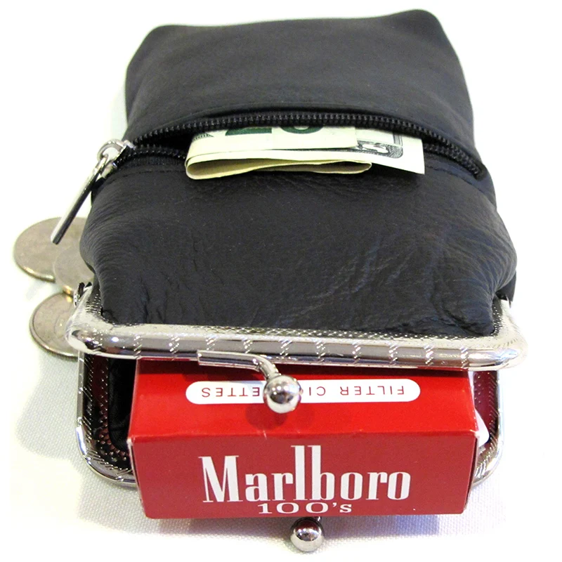 100% Pure Leather Ci-garette Case Lighter Match Pocket Zipper Coin Pouch