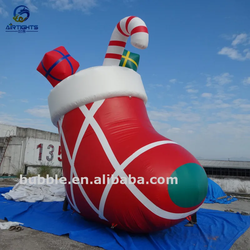 Hot Sale Giant Red Inflatable Christmas Sock With Candy Cane Christmas Boot Air Balloon