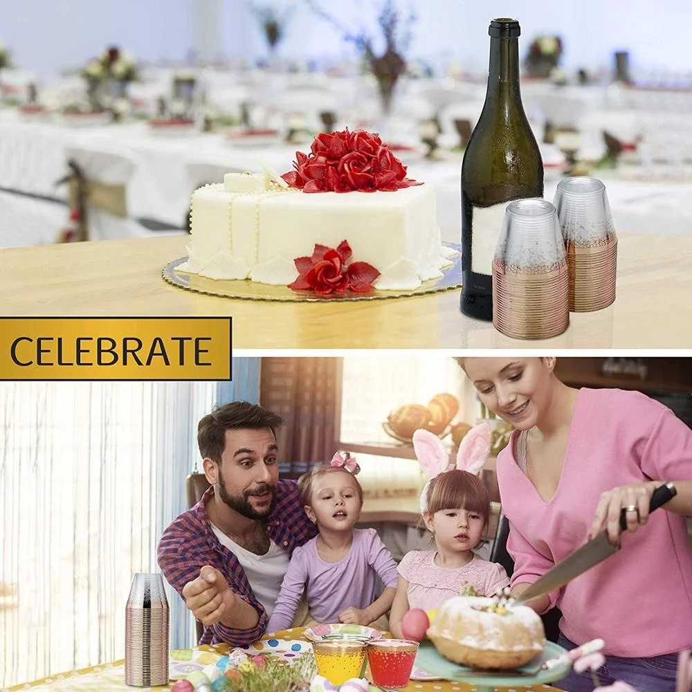 Elegant Rose Gold Rimmed 9 oz Clear Plastic Tumblers Cup