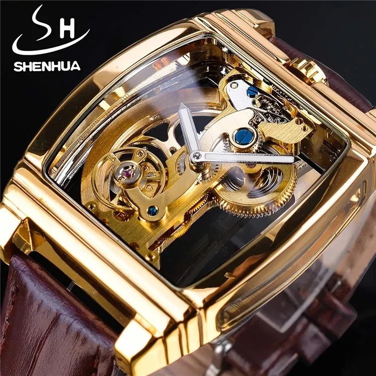 SHENHUA Transparent Single Bridge Mechanical Dress Watch Men Top Brand Skeleton Gold Automatic Self Winding Wrist Watch For Men