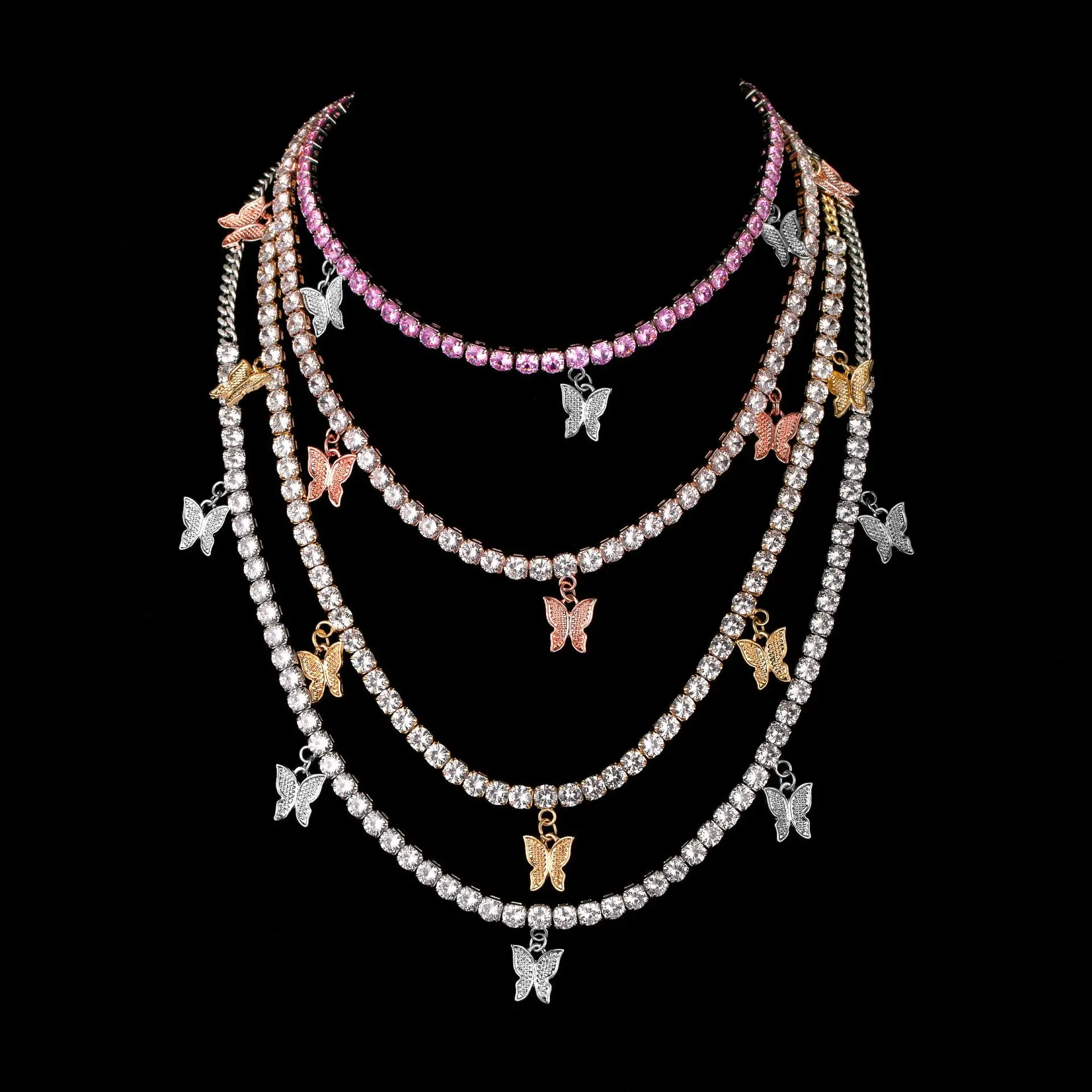 Hot Sale Hip Hop Single Row Zircon Butterfly Necklace Chain Tennis Chain Butterfly Hip Hop Silver Stainless Steel Necklace