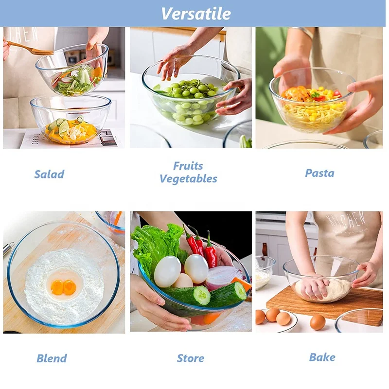 High Borosilicate Glass Mixing Bowl with PP lid,4.5QT 2.7QT 1.1QT Large Kitchen Salad Bowls Space-Saving Nesting Bowl for Baking