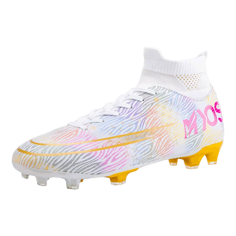 Men Hot Sale Outdoor Artificial Turf Mixed Color Spike Soccer Shoes High Ankle Fly Knit Leather Football Training Boots