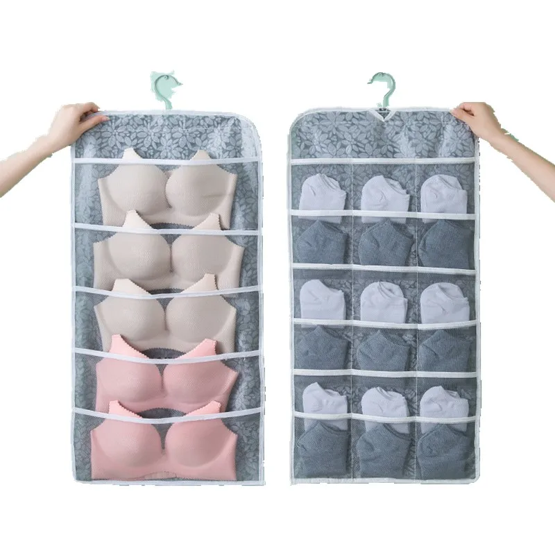 EISHO Dual-Sided Closet Storage Bag Mesh Wardrobe Bra Organizer Hook Foldable Underwear Hanging Bag