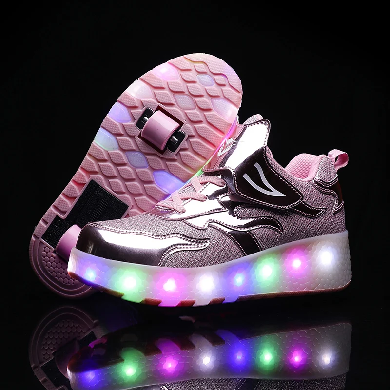 Wholesale Kids Sneakers Children Baby Girls Boys Letter pu Led Luminous Sport Light roller shoe ice skates  E67