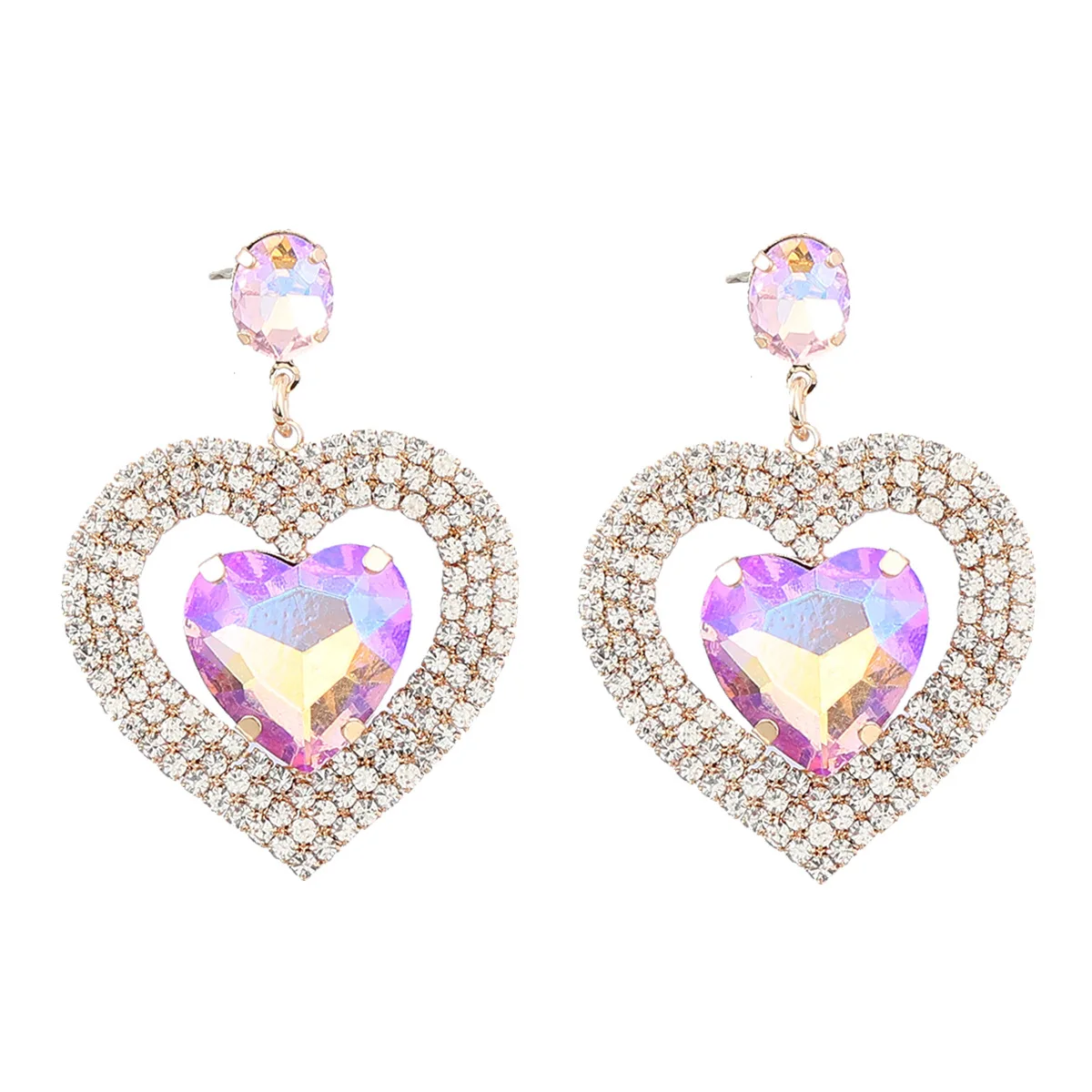 CJ 5 Colors Delicate 18K Gold Plated Double Layer Bling Colorful Crystal Rhinestone Heart Stud Earrings