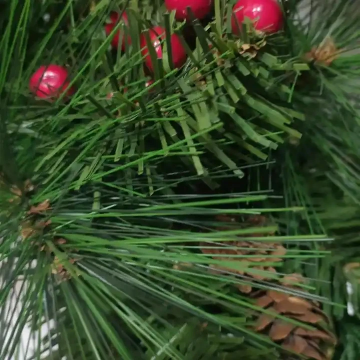 Artificial Green Pine Needle Pvc With Pine Coines Red Berries Xmas Garland For Door Wall Ornaments