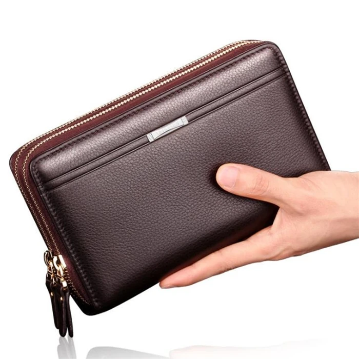 Fashion good quality brand double zipper large PU leather long wallet clutch bag men