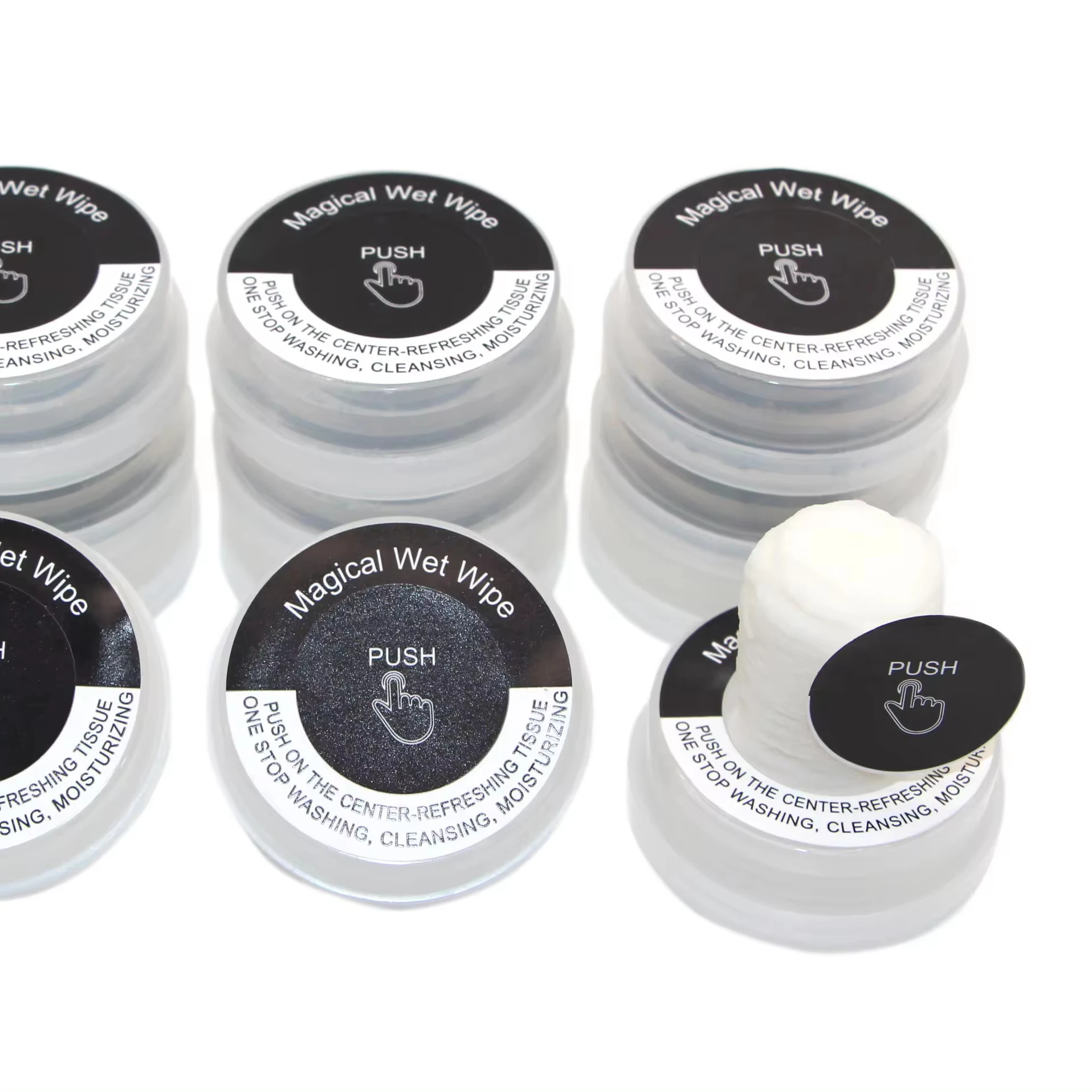 Stock Magic Wet Towel Push Clean Compressed Wipes Push Magical Coin Tissue Wet Wipes With Green Tea for Restaurant Cafe Office