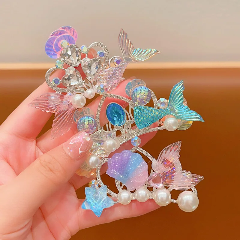 Wholesale Mermaid Kids Colorful Rhinestone Crown Hair Comb Little Girls Princess Hair Clips Headband Tiara Party Birthday Gift