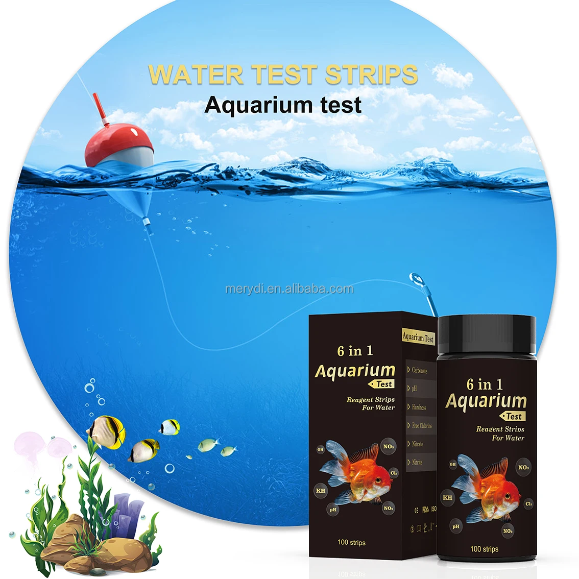 6-in-1 Aquarium Water Analysis Test Strips Plastic pH Hardness Chlorine Nitrite Test for 5L Fish Tank