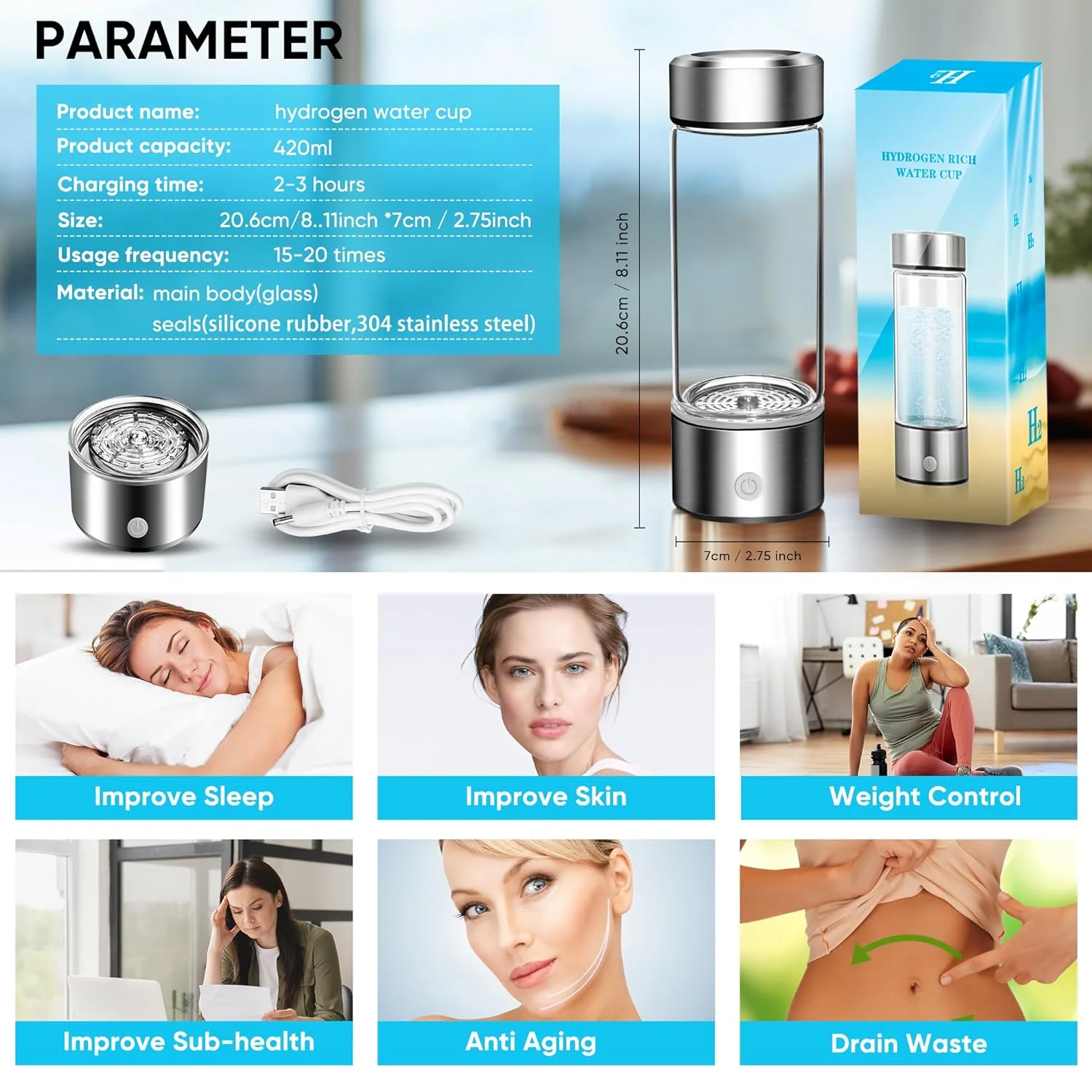 Portable Hydrogen Water Generator with SPE and Pem Technology Rechargeable Portable Glass Hydrogen Water Generator Bottle