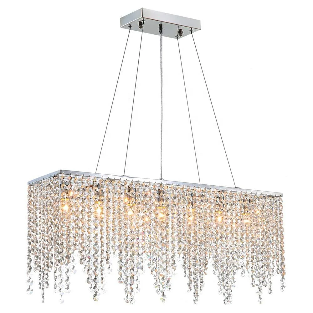 modern linear island dining room clear k9 crystal LED glass pendant light Iron Rectangle hanging lamp chandelier