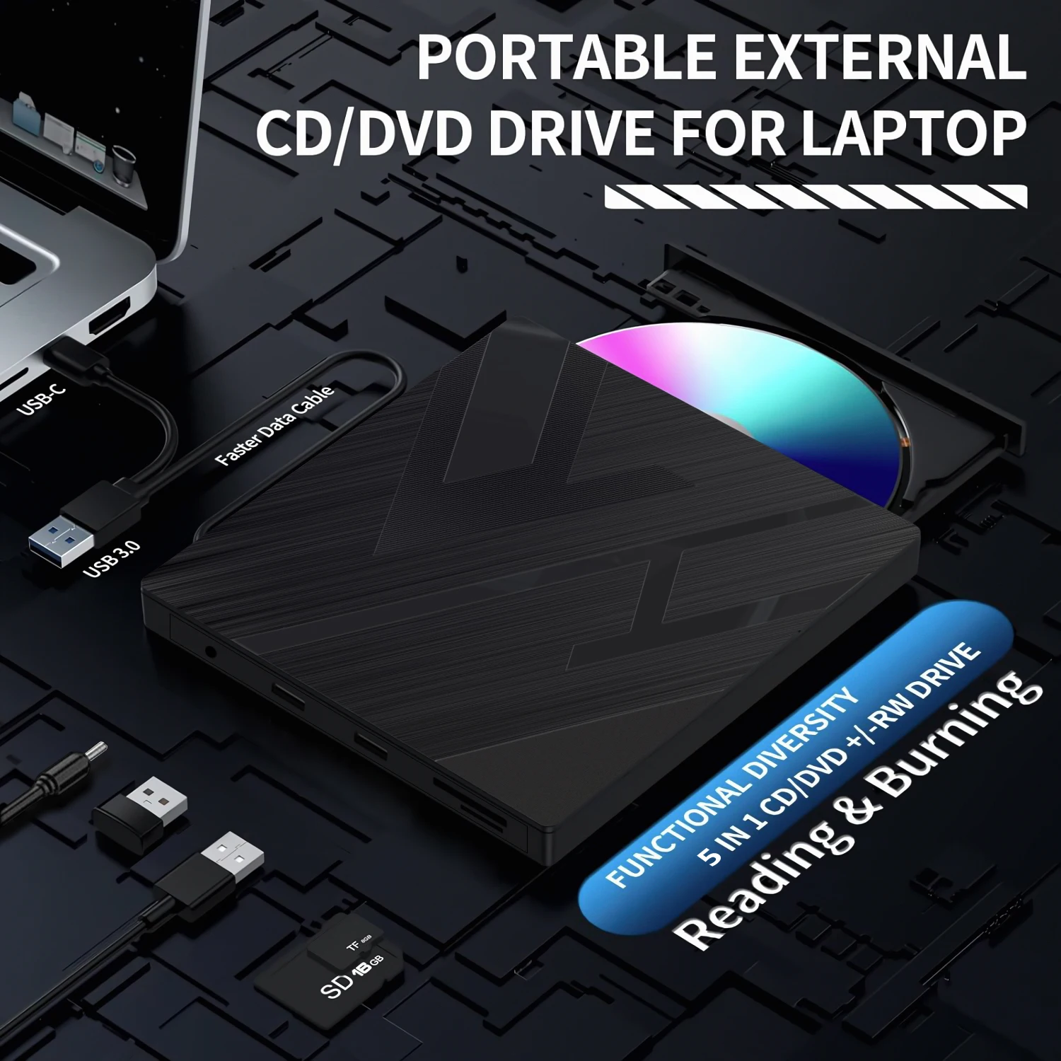 External CD/DVD Drive USB 3.0 & USB-C, Premium Portable CD DVD ROM +/- RW Optical Drive Player Reader Writer Burner for Mac MacB