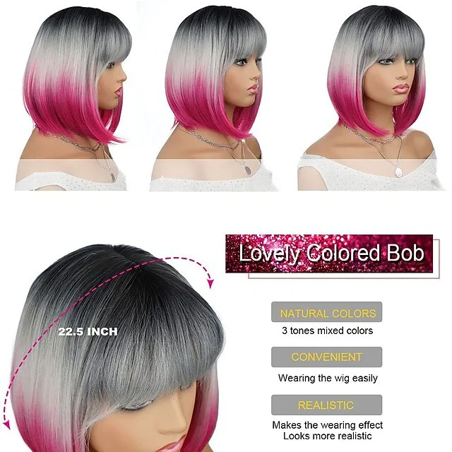 Wholesale Wigs Women Bangs BOB Black Gray Purple Colors Gradient Synthetic  High Temperature Wire Wig Headgear Wigs