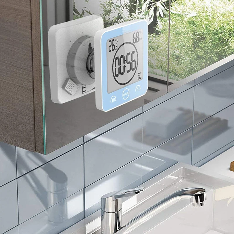 Bathroom Clock Waterproof Digital Shower Clock with Alarm Bathroom Humidity Temperature Meter with Timer Touch Screen