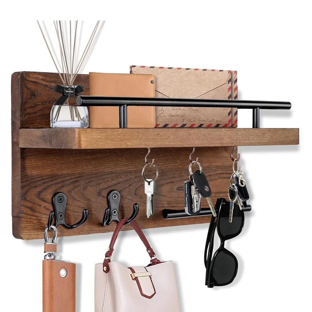 Farmhouse Wood Key Hanger for Wall Mail Holder Organizer Entryway Decorative Hanging Rack
