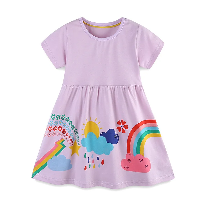 Purple Dress for baby girls summer casual wear 100% cotton rainbow print short sleeve kids clothing