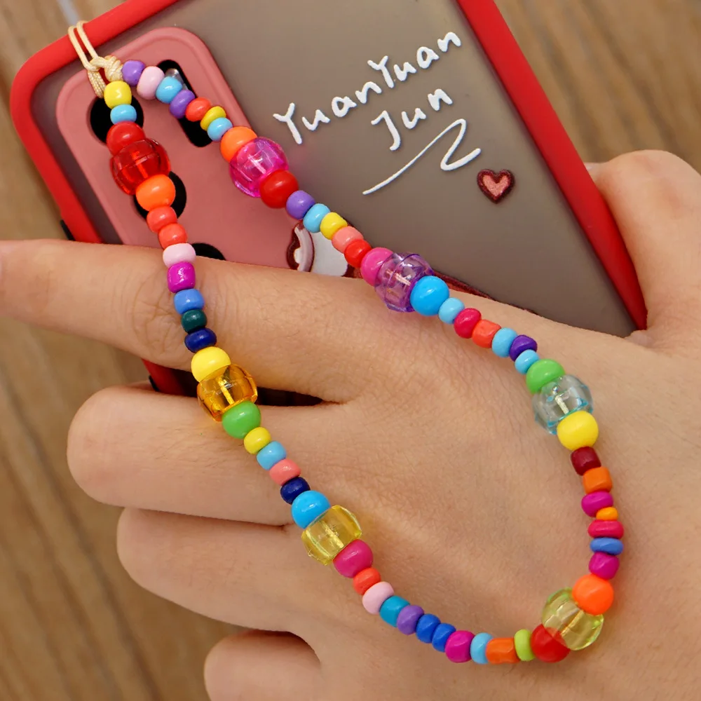 Hot sell Phone Charm Beaded Chain Strap Mobile Chains Cell Phone Lanyard Polymer Clay Heishi 2022 Pearl Colorful Flower Jewelry