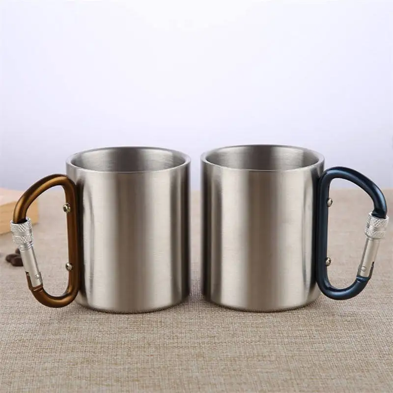 220ml outdoor camping travel portable stainless steel coffee cup double walled carabiner mug with handle