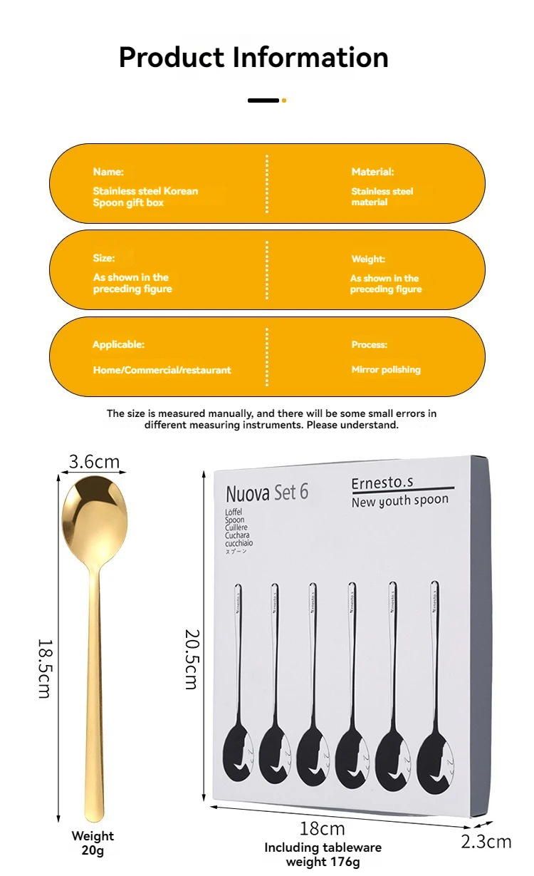 Stainless Steel Korean Style Small round Spoon Coffee Milk Tea Stir Small Spoon Ice Cream Dessert Spoon Long Handle Golden